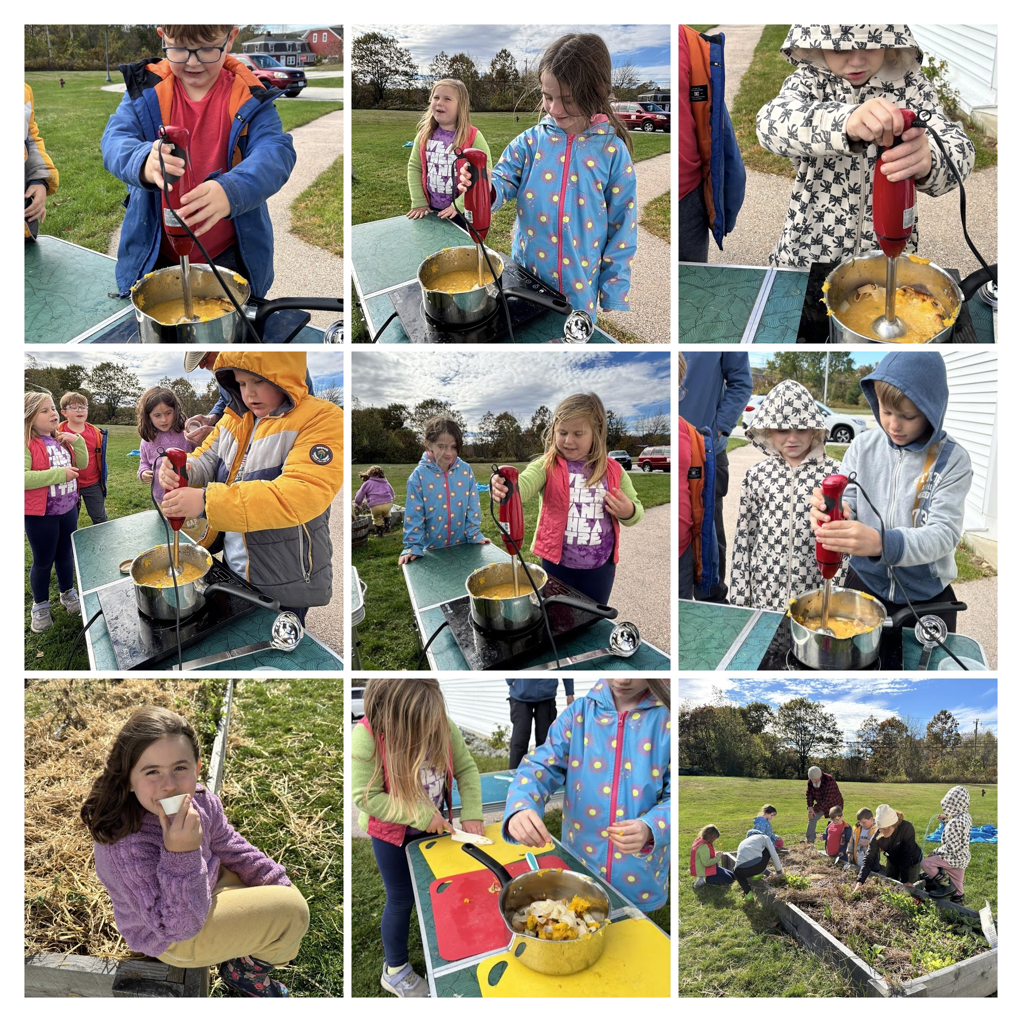students making soup and working in the garden